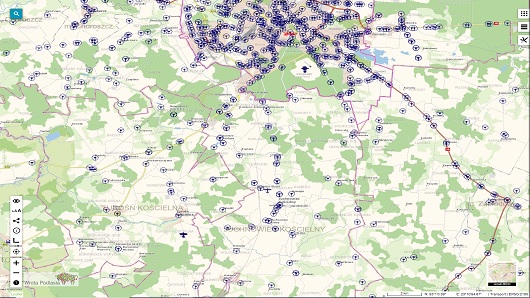 obraz przedstawia kawałek mapy z lokalizacją obiektów związanych transportem