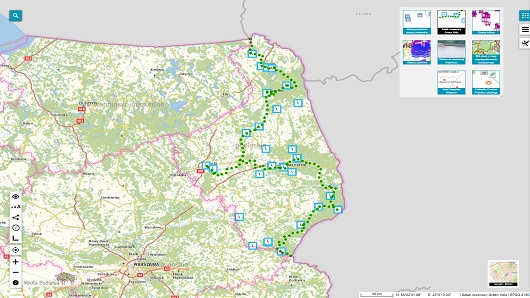 obraz przedstawia kawałek mapy z przebiegiem szlaku rowerowego GreenVelo