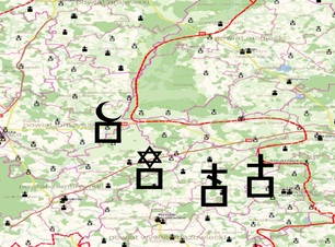 obraz z kawałkiem mapy 
 i symbolami świątyń
