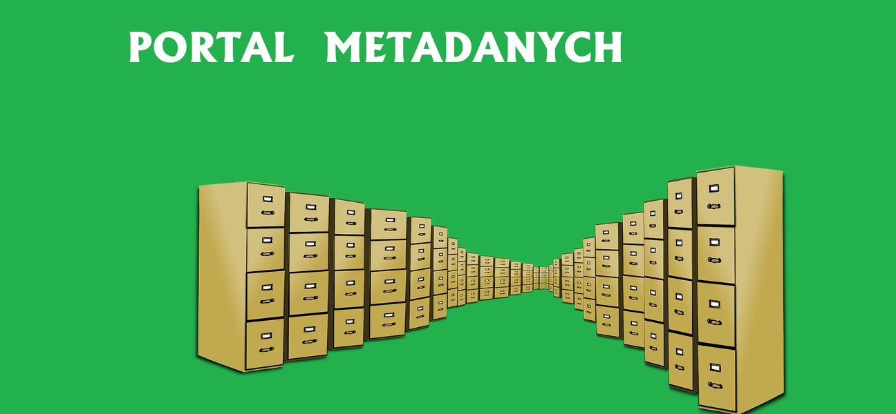 obraz z napisem Portal metadanych i szafkami z szufladami